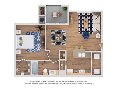 Floor plan for 1 bed, 1 bath, 713 sqft
